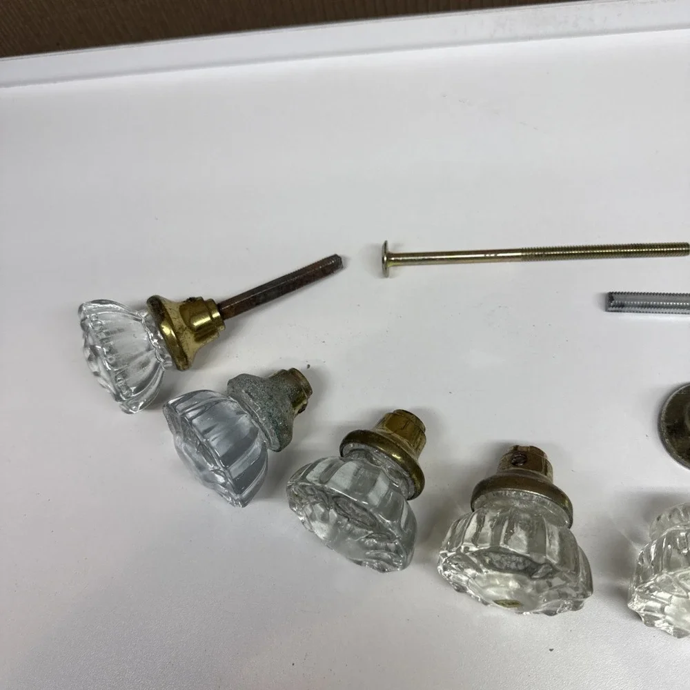 Vintage Glass Door Knob Set w/ Brass Ferrules (Barn Find, Clear Crystal Style)